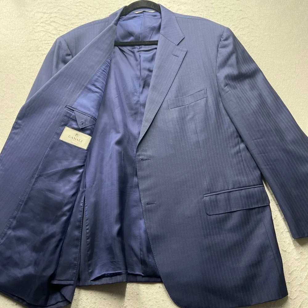 Canali Mens Navy Blue Pinstripe Wool Suit Jacket Blazer Size 54 EU Made in Italy